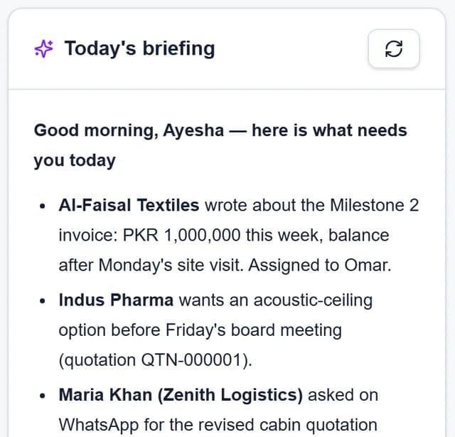 Today's AI briefing card on the dashboard
