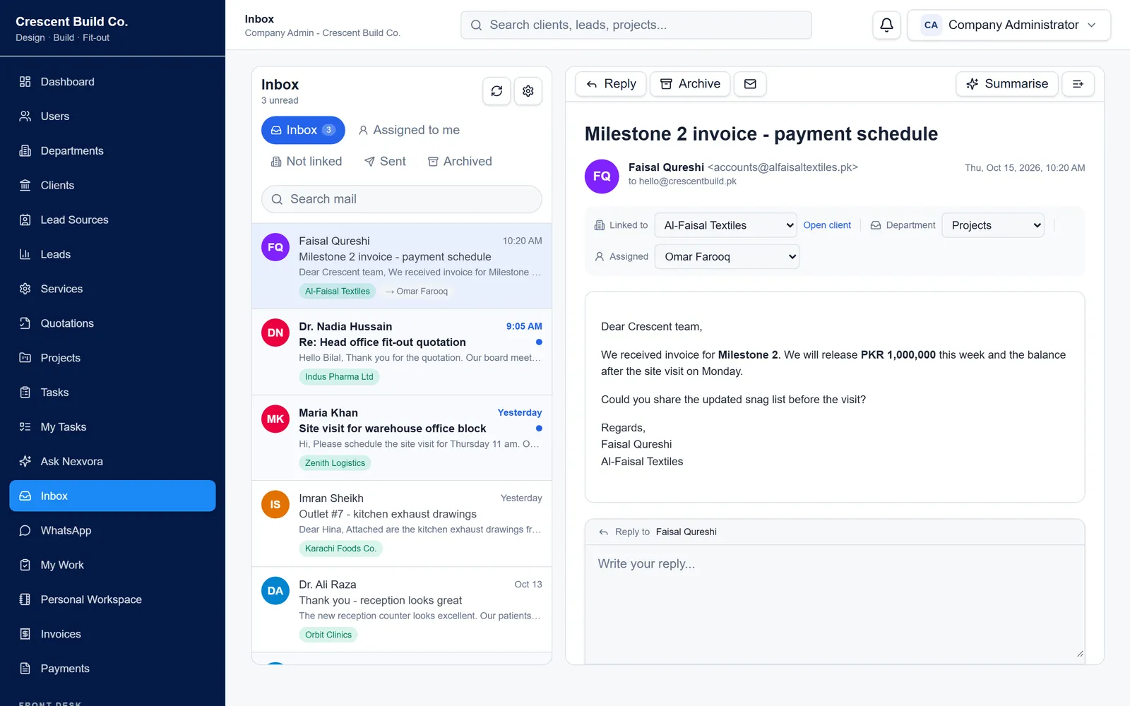 Shared email inbox with emails linked to clients, department routing, assignment and reply