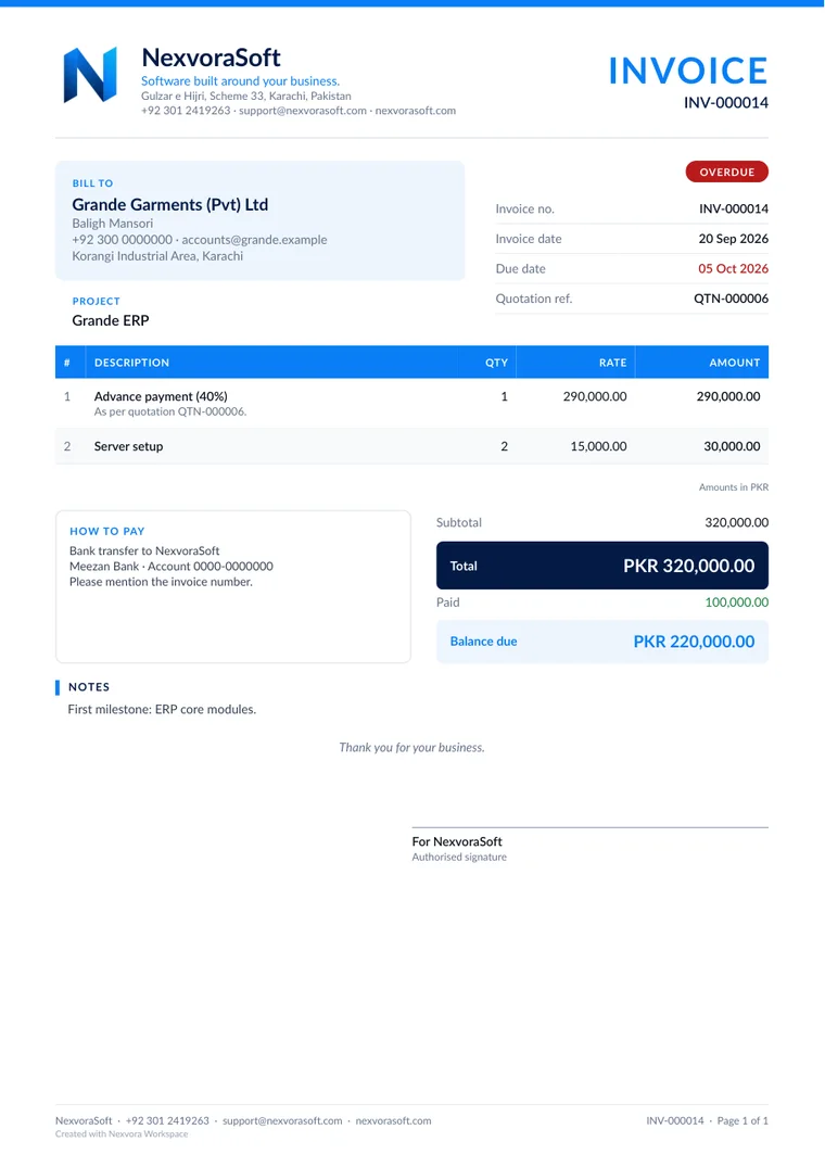 Sample invoice PDF in the Professional design