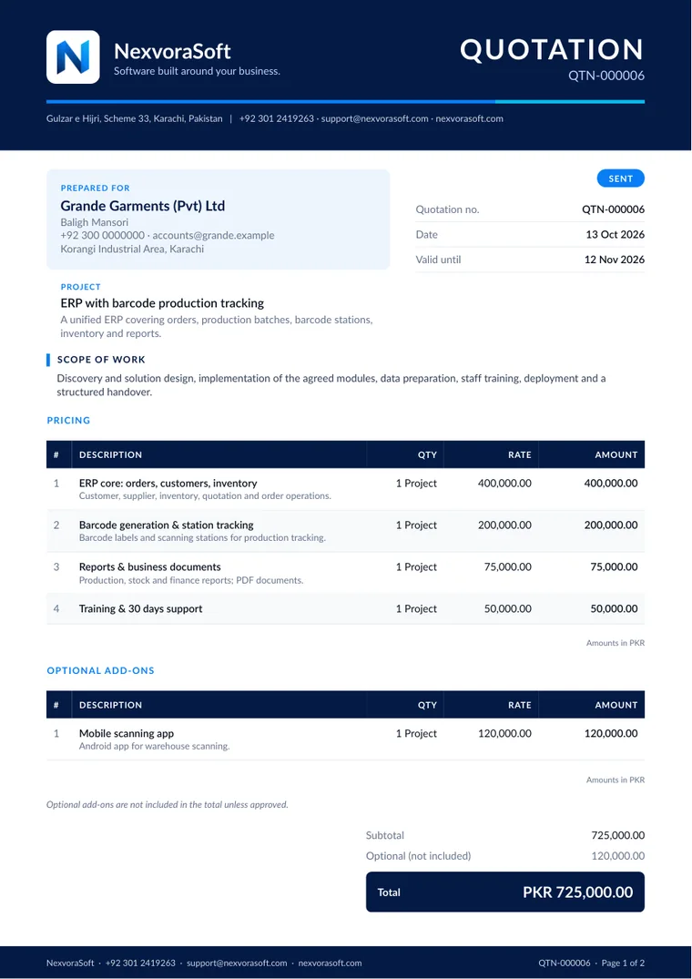 Sample quotation PDF in the Modern design