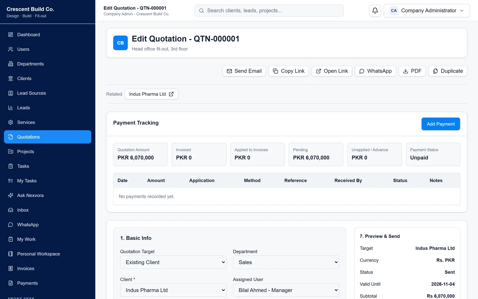 Quotation screen with send, share, PDF and payment tracking