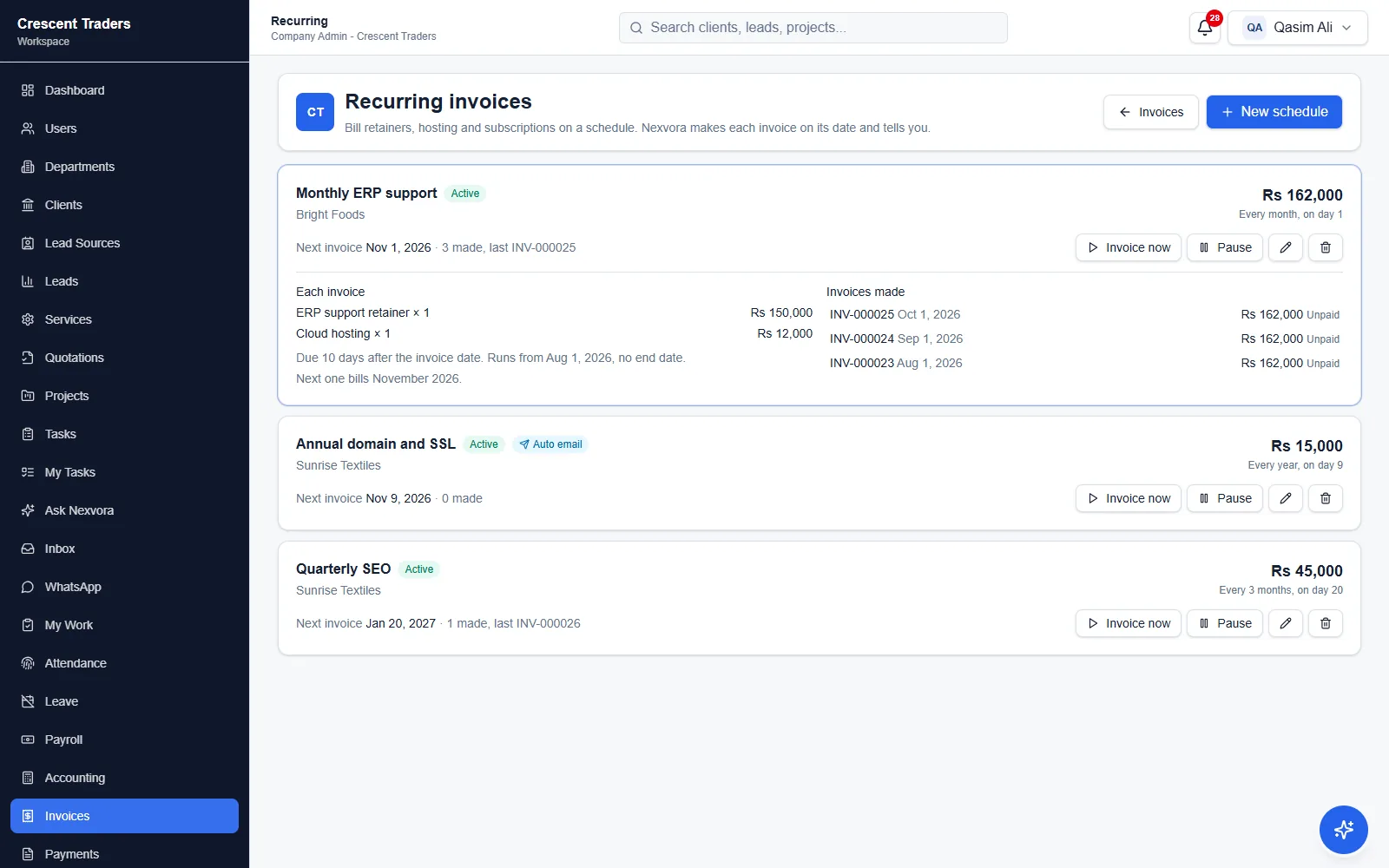 Recurring invoices: a monthly ERP support retainer with its items and the invoices it has made, a yearly domain renewal and a quarterly SEO package