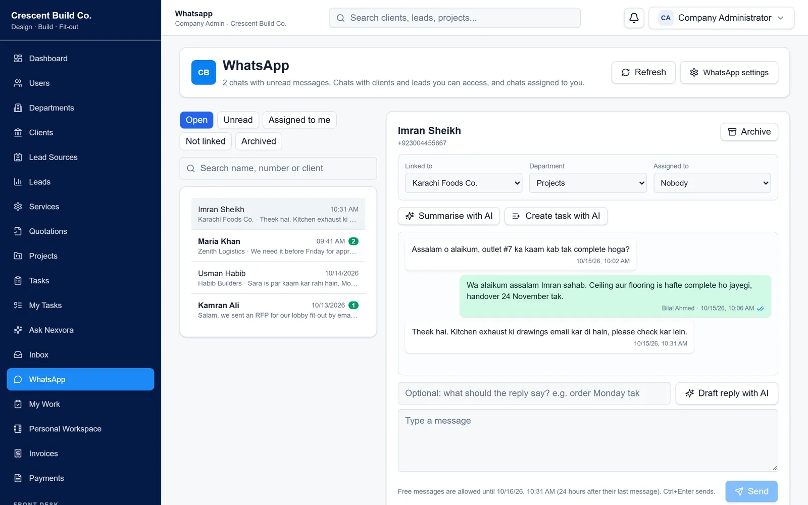 WhatsApp inbox with chats linked to clients, department and assignment, and AI summary and draft reply buttons